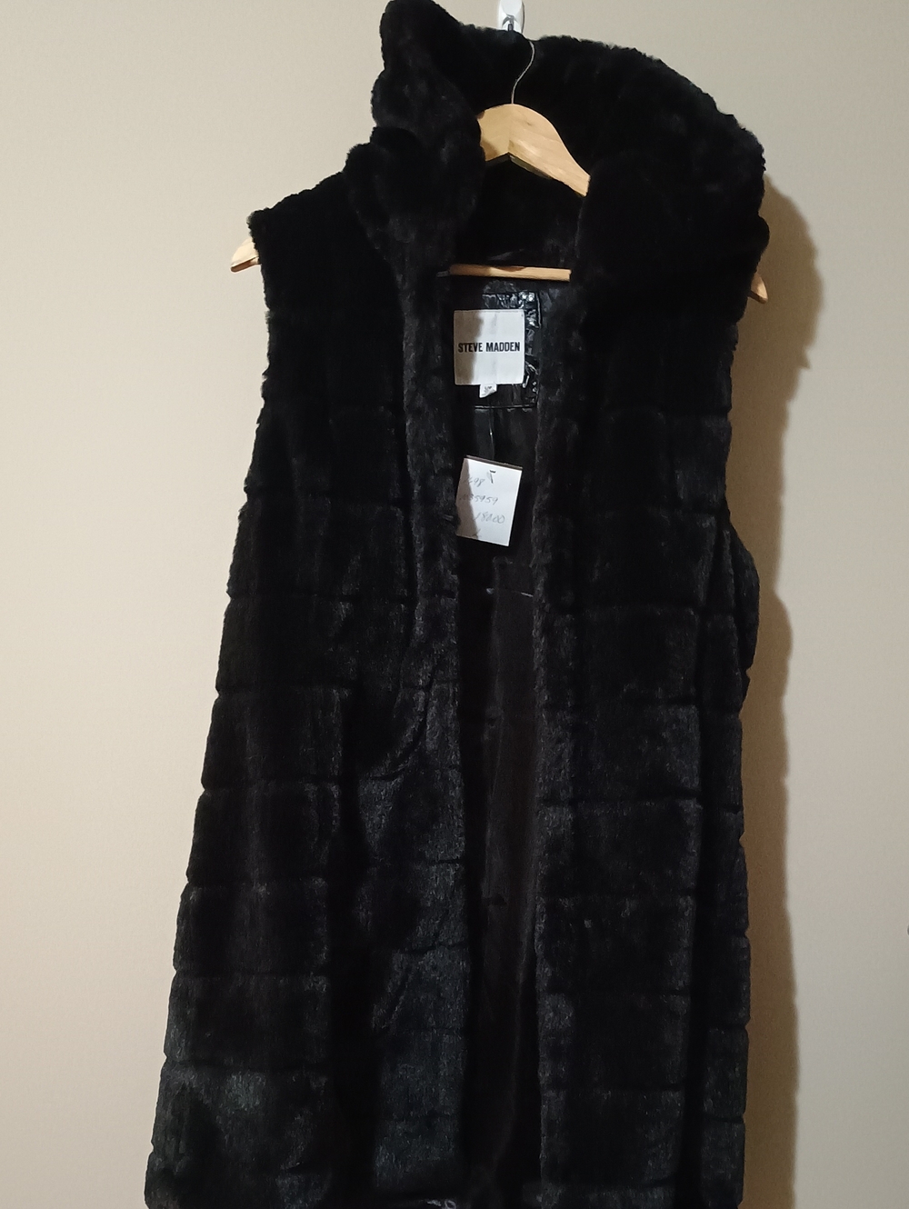Steve Madden Sophee Black Quilted Faux Fur Hooded Vest Large NWT